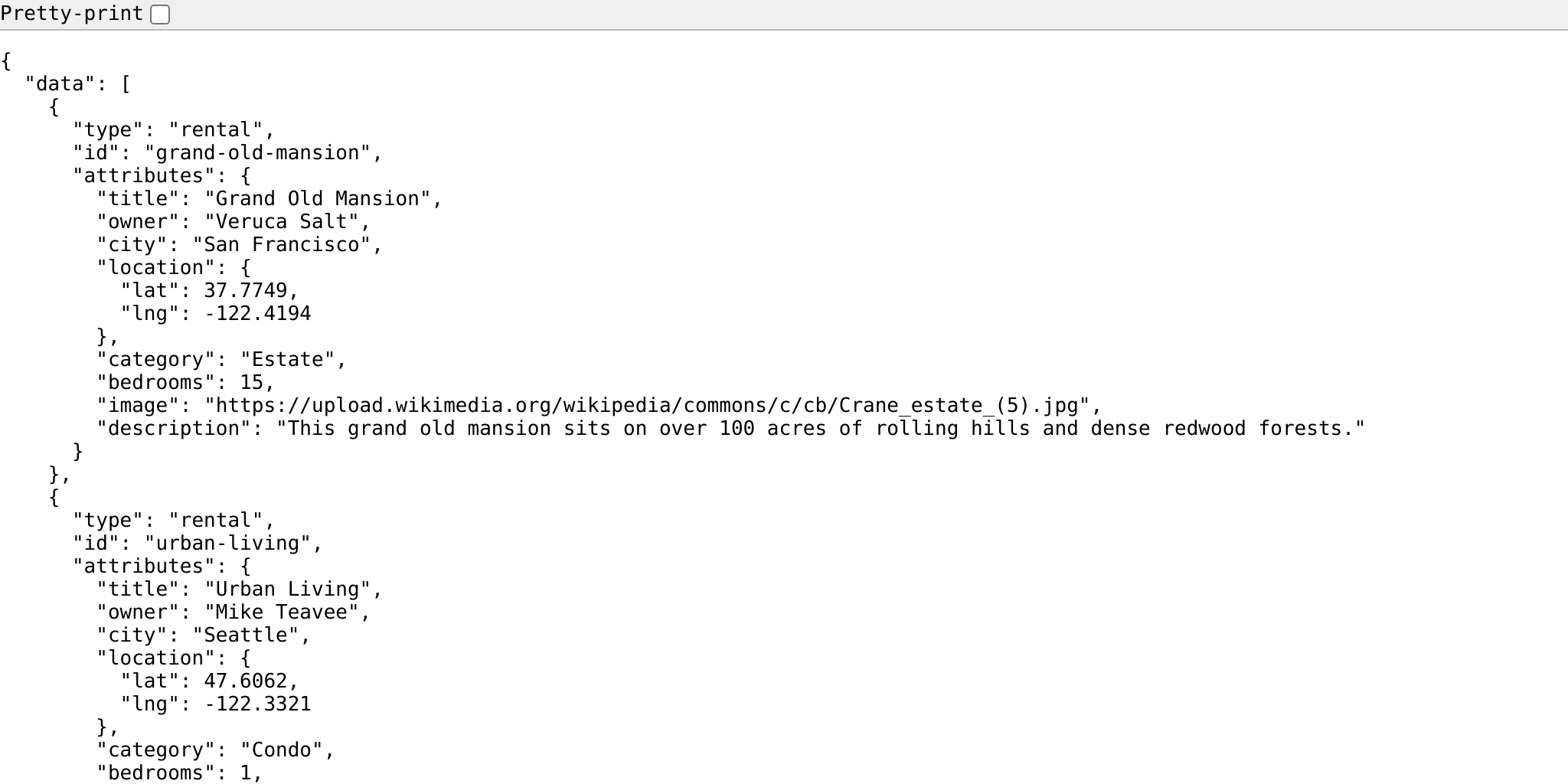 Our server serving up our rental properties as JSON data